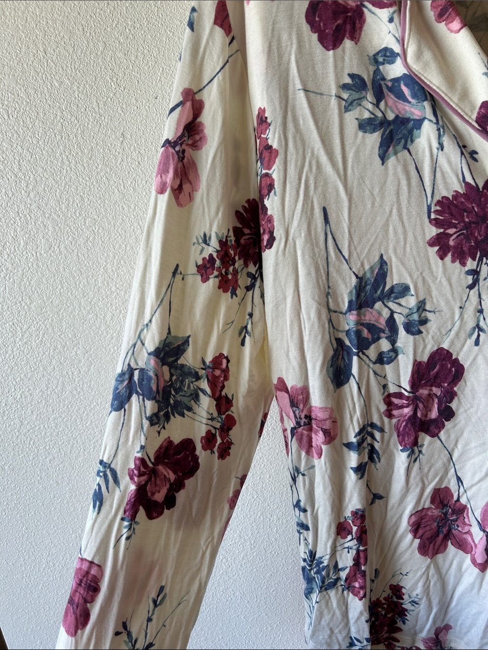 Floral Long-Sleeve Pajama Set in Cream with Pink and Blue Flowers - Picture 3 of 9